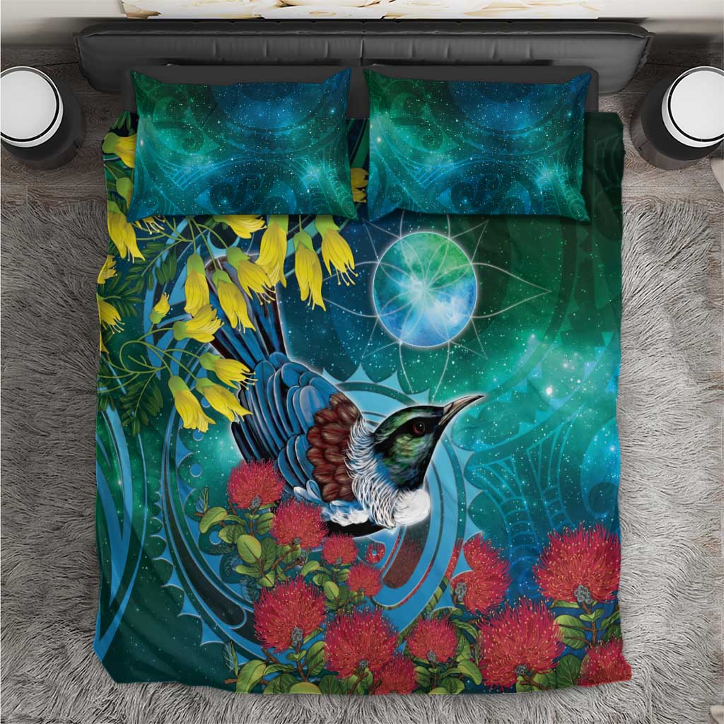 New Zealand Tui Bird Bedding Set Maori Koru With Pohutukawa Galaxy Style - Polynesian Pride