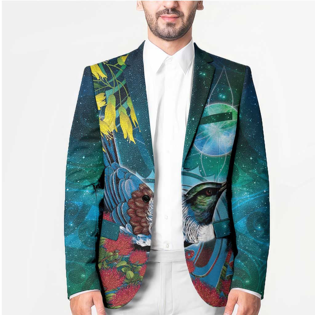 New Zealand Tui Bird Blazer Maori Koru With Pohutukawa Galaxy Style - Polynesian Pride