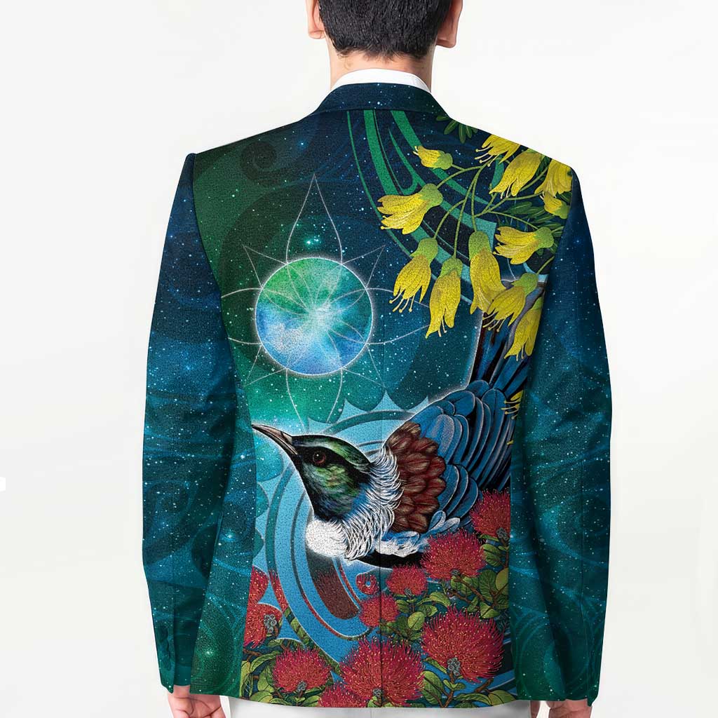 New Zealand Tui Bird Blazer Maori Koru With Pohutukawa Galaxy Style - Polynesian Pride