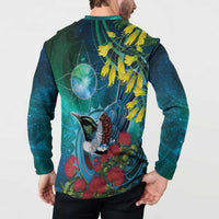 New Zealand Tui Bird Button Sweatshirt Maori Koru With Pohutukawa Galaxy Style - Polynesian Pride