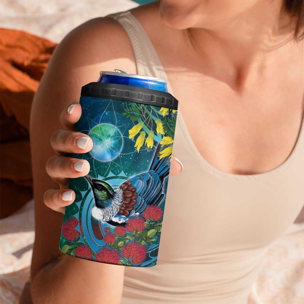 New Zealand Tui Bird 4 in 1 Can Cooler Tumbler Maori Koru With Pohutukawa Galaxy Style - Polynesian Pride