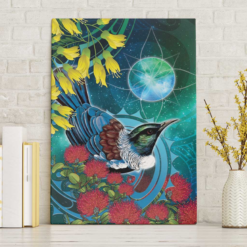New Zealand Tui Bird Canvas Wall Art Maori Koru With Pohutukawa Galaxy Style - Polynesian Pride