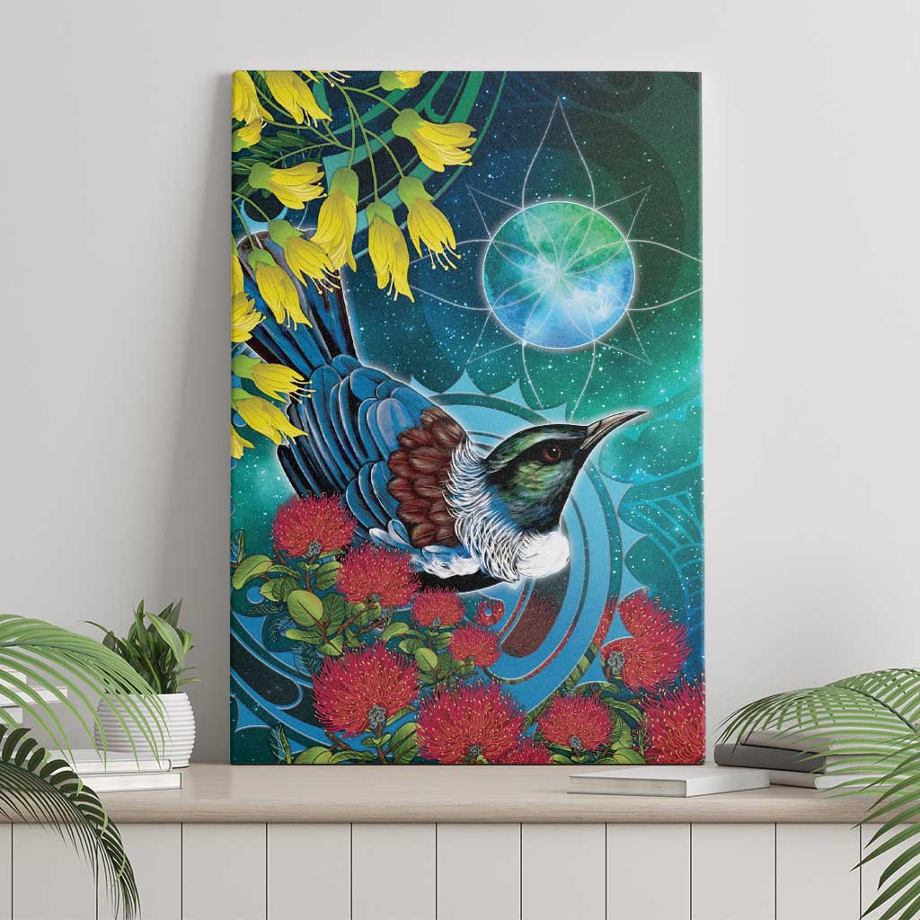 New Zealand Tui Bird Canvas Wall Art Maori Koru With Pohutukawa Galaxy Style - Polynesian Pride