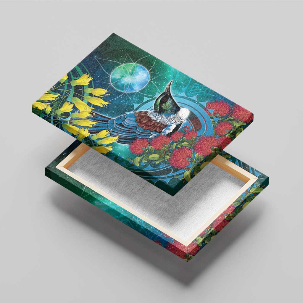 New Zealand Tui Bird Canvas Wall Art Maori Koru With Pohutukawa Galaxy Style - Polynesian Pride