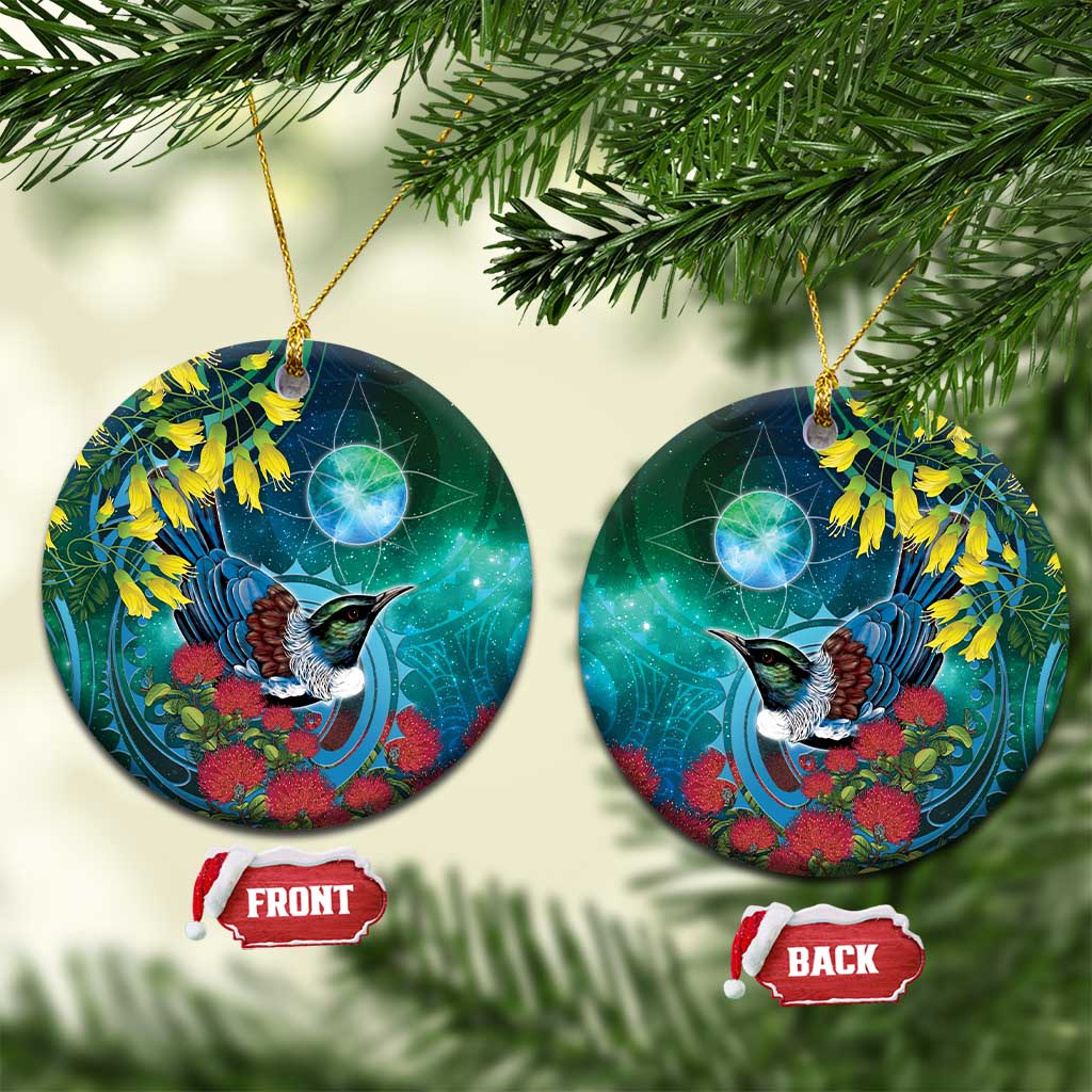 New Zealand Tui Bird Ceramic Ornament Maori Koru With Pohutukawa Galaxy Style - Polynesian Pride