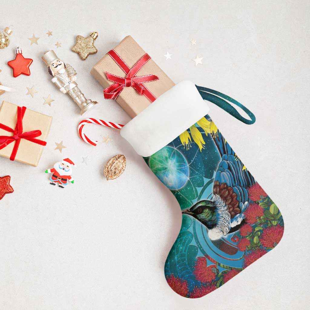 New Zealand Tui Bird Christmas Stocking Maori Koru With Pohutukawa Galaxy Style - Polynesian Pride