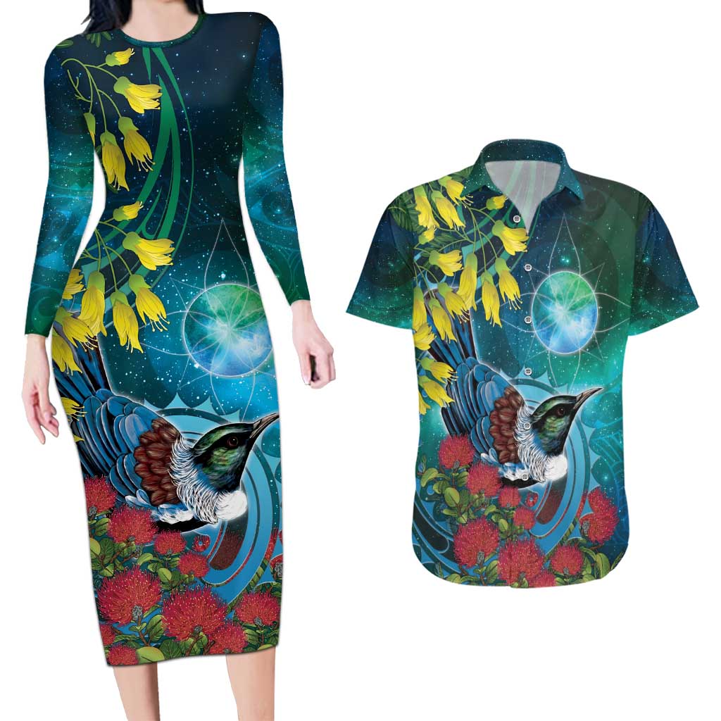 New Zealand Tui Bird Couples Matching Long Sleeve Bodycon Dress and Hawaiian Shirt Maori Koru With Pohutukawa Galaxy Style - Polynesian Pride