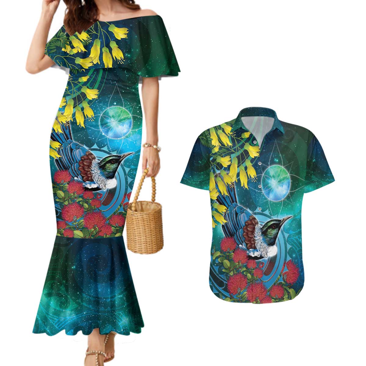 New Zealand Tui Bird Couples Matching Mermaid Dress and Hawaiian Shirt Maori Koru With Pohutukawa Galaxy Style - Polynesian Pride