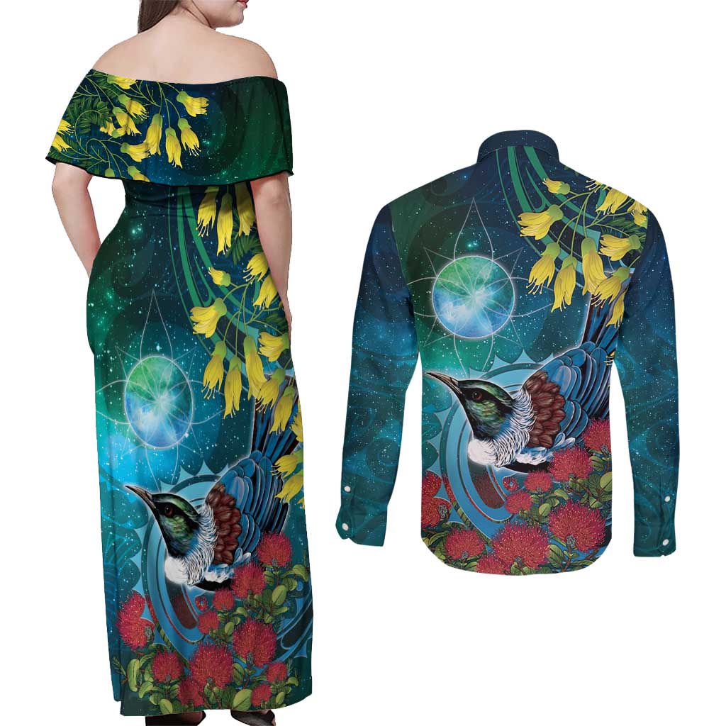 New Zealand Tui Bird Couples Matching Off Shoulder Maxi Dress and Long Sleeve Button Shirt Maori Koru With Pohutukawa Galaxy Style - Polynesian Pride