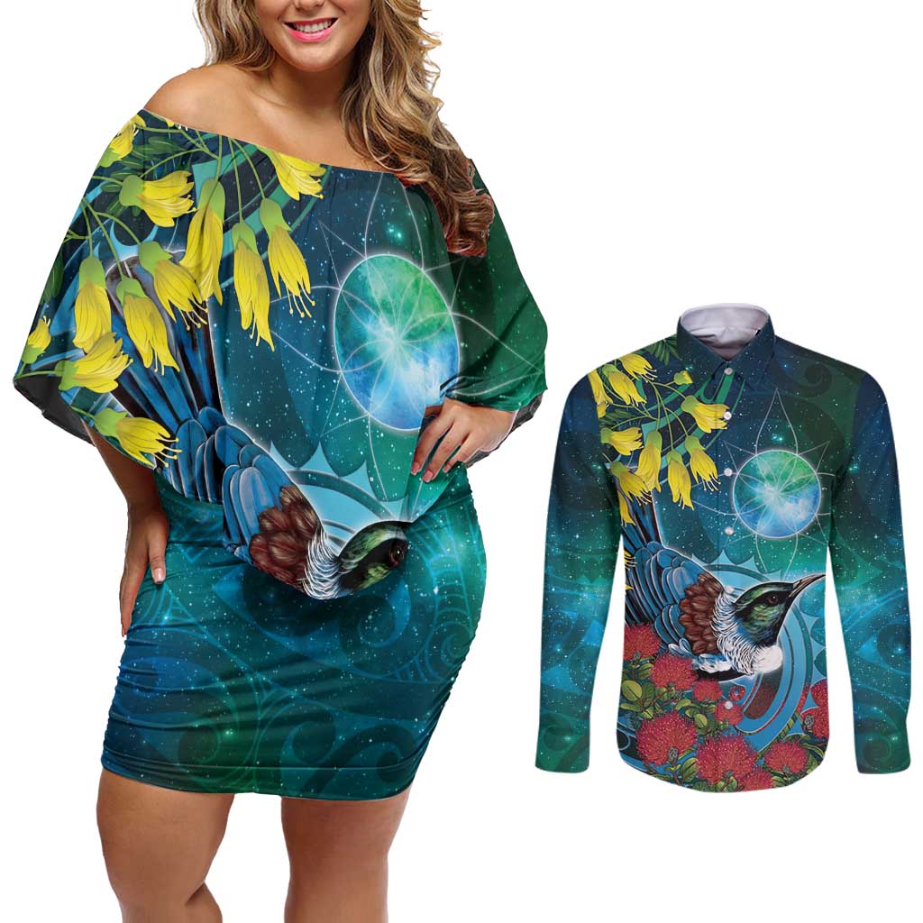 New Zealand Tui Bird Couples Matching Off Shoulder Short Dress and Long Sleeve Button Shirt Maori Koru With Pohutukawa Galaxy Style - Polynesian Pride