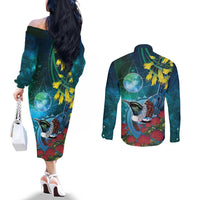New Zealand Tui Bird Couples Matching Off The Shoulder Long Sleeve Dress and Long Sleeve Button Shirt Maori Koru With Pohutukawa Galaxy Style - Polynesian Pride