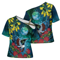 New Zealand Tui Bird Cross Shoulder Shirt Maori Koru With Pohutukawa Galaxy Style - Polynesian Pride