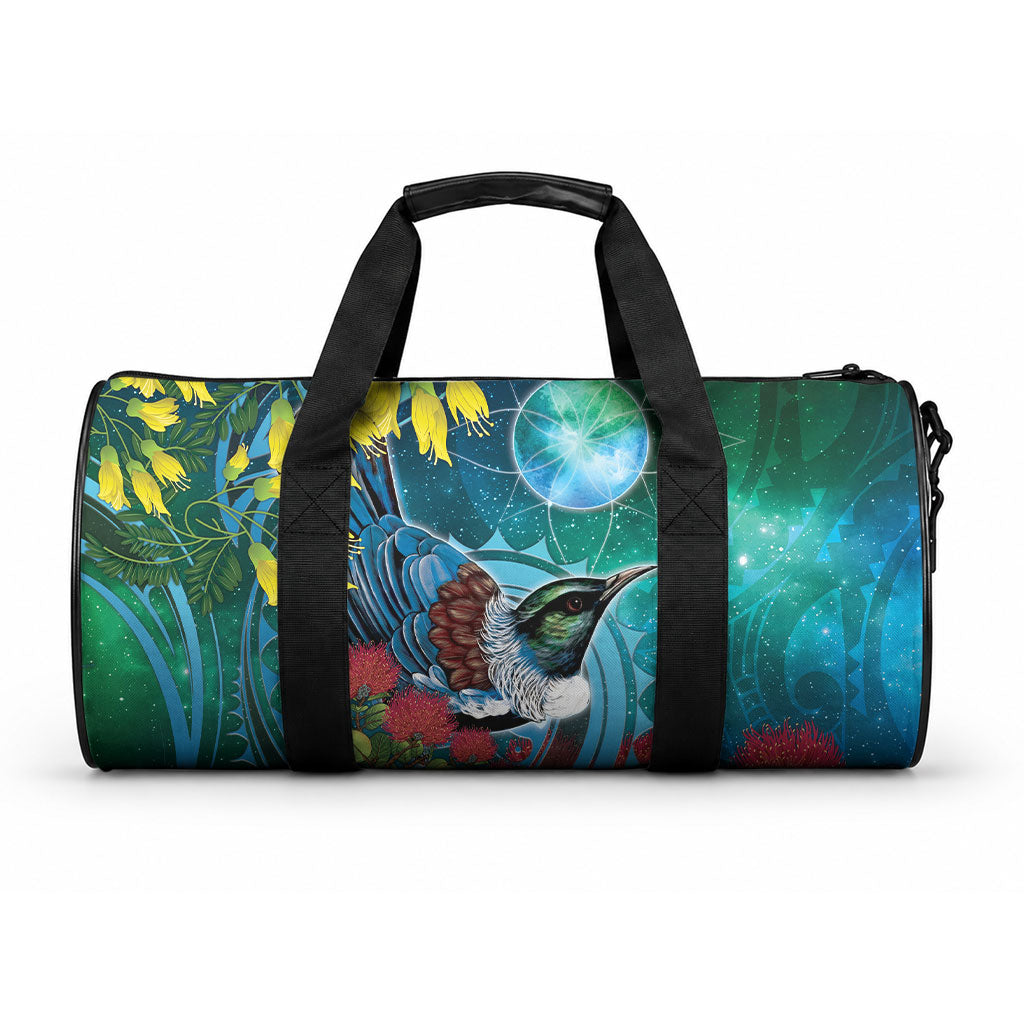 New Zealand Tui Bird Duffle Bag Maori Koru With Pohutukawa Galaxy Style