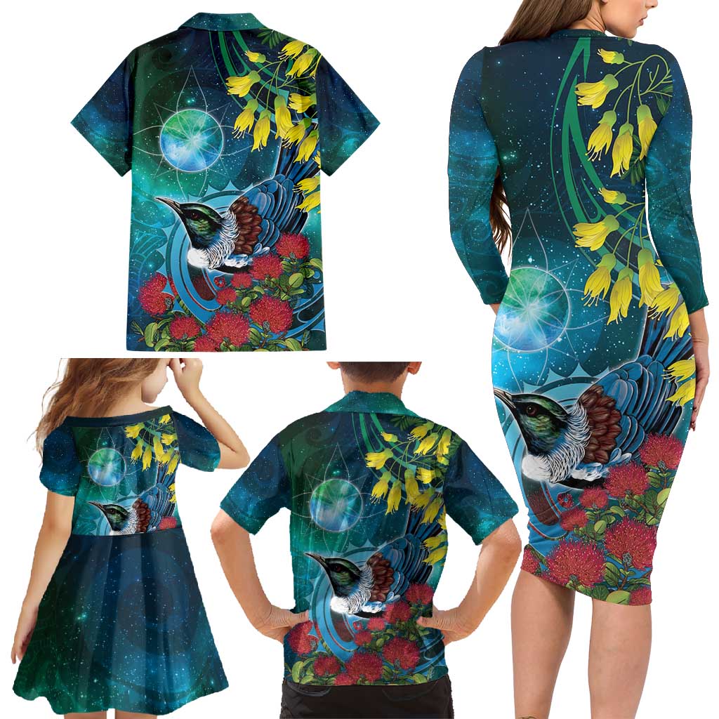 New Zealand Tui Bird Family Matching Long Sleeve Bodycon Dress and Hawaiian Shirt Maori Koru With Pohutukawa Galaxy Style - Polynesian Pride