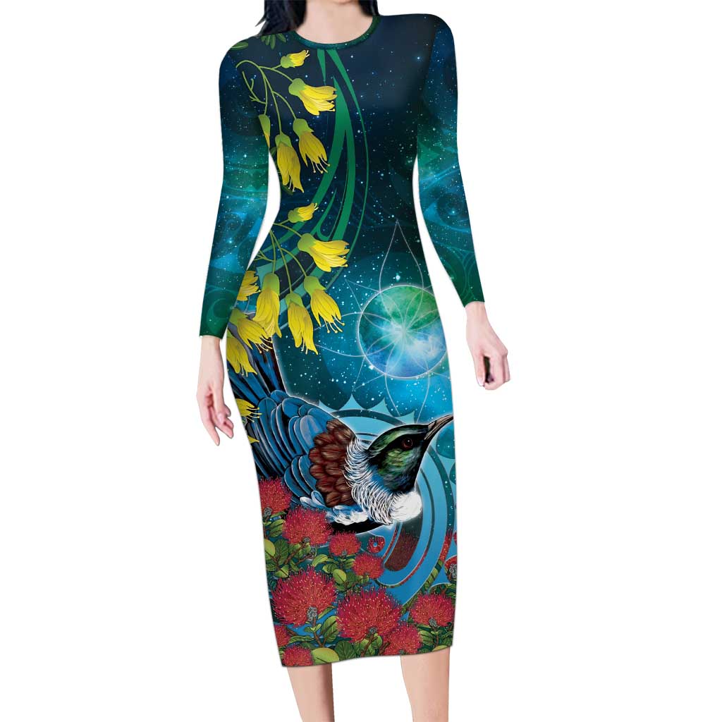 New Zealand Tui Bird Family Matching Long Sleeve Bodycon Dress and Hawaiian Shirt Maori Koru With Pohutukawa Galaxy Style - Polynesian Pride