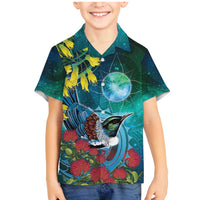New Zealand Tui Bird Family Matching Mermaid Dress and Hawaiian Shirt Maori Koru With Pohutukawa Galaxy Style - Polynesian Pride