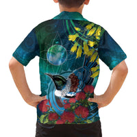 New Zealand Tui Bird Family Matching Off The Shoulder Long Sleeve Dress and Hawaiian Shirt Maori Koru With Pohutukawa Galaxy Style - Polynesian Pride