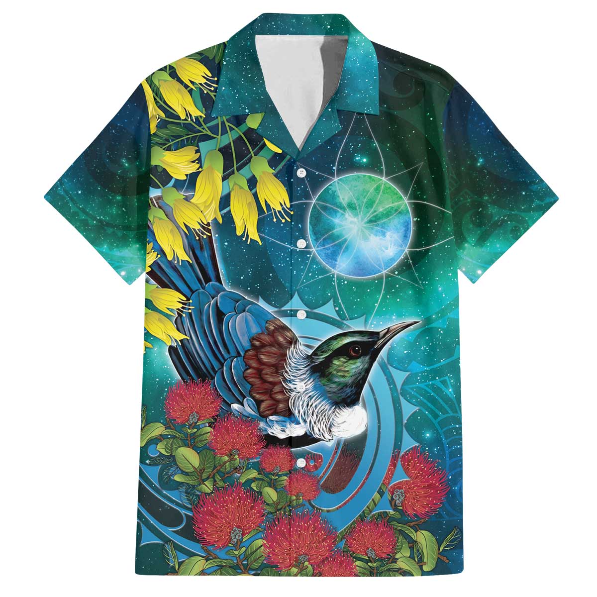 New Zealand Tui Bird Family Matching Off The Shoulder Long Sleeve Dress and Hawaiian Shirt Maori Koru With Pohutukawa Galaxy Style - Polynesian Pride