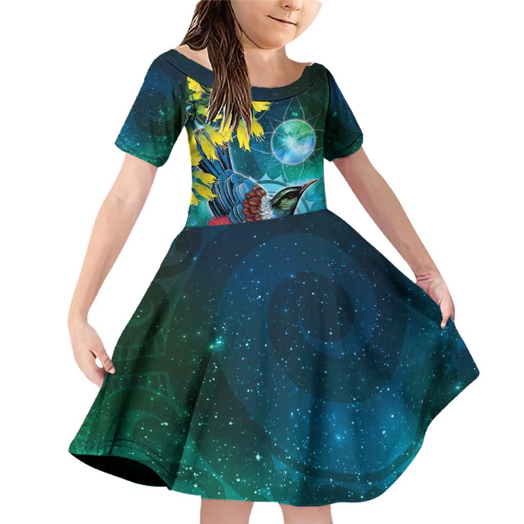 New Zealand Tui Bird Family Matching Off Shoulder Short Dress and Hawaiian Shirt Maori Koru With Pohutukawa Galaxy Style - Polynesian Pride