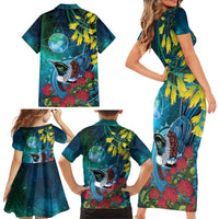 New Zealand Tui Bird Family Matching Short Sleeve Bodycon Dress and Hawaiian Shirt Maori Koru With Pohutukawa Galaxy Style - Polynesian Pride