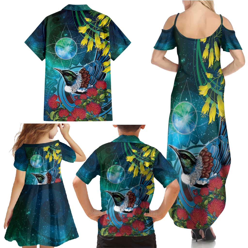 New Zealand Tui Bird Family Matching Summer Maxi Dress and Hawaiian Shirt Maori Koru With Pohutukawa Galaxy Style - Polynesian Pride
