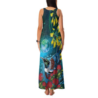 New Zealand Tui Bird Family Matching Tank Maxi Dress and Hawaiian Shirt Maori Koru With Pohutukawa Galaxy Style - Polynesian Pride