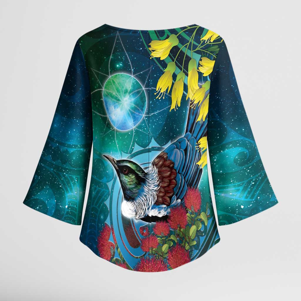 New Zealand Tui Bird Kimono Sleeve Blouse Maori Koru With Pohutukawa Galaxy Style - Polynesian Pride