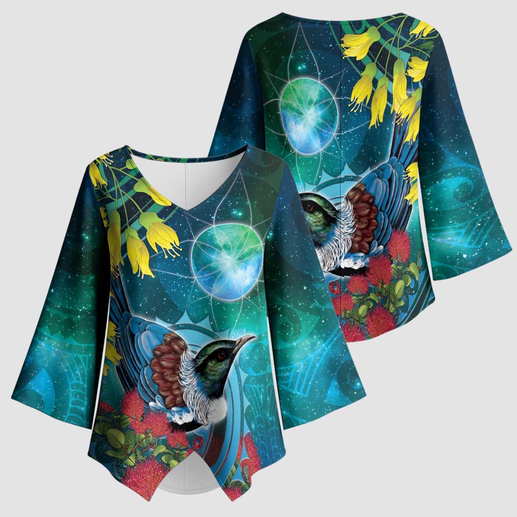 New Zealand Tui Bird Kimono Sleeve Blouse Maori Koru With Pohutukawa Galaxy Style - Polynesian Pride