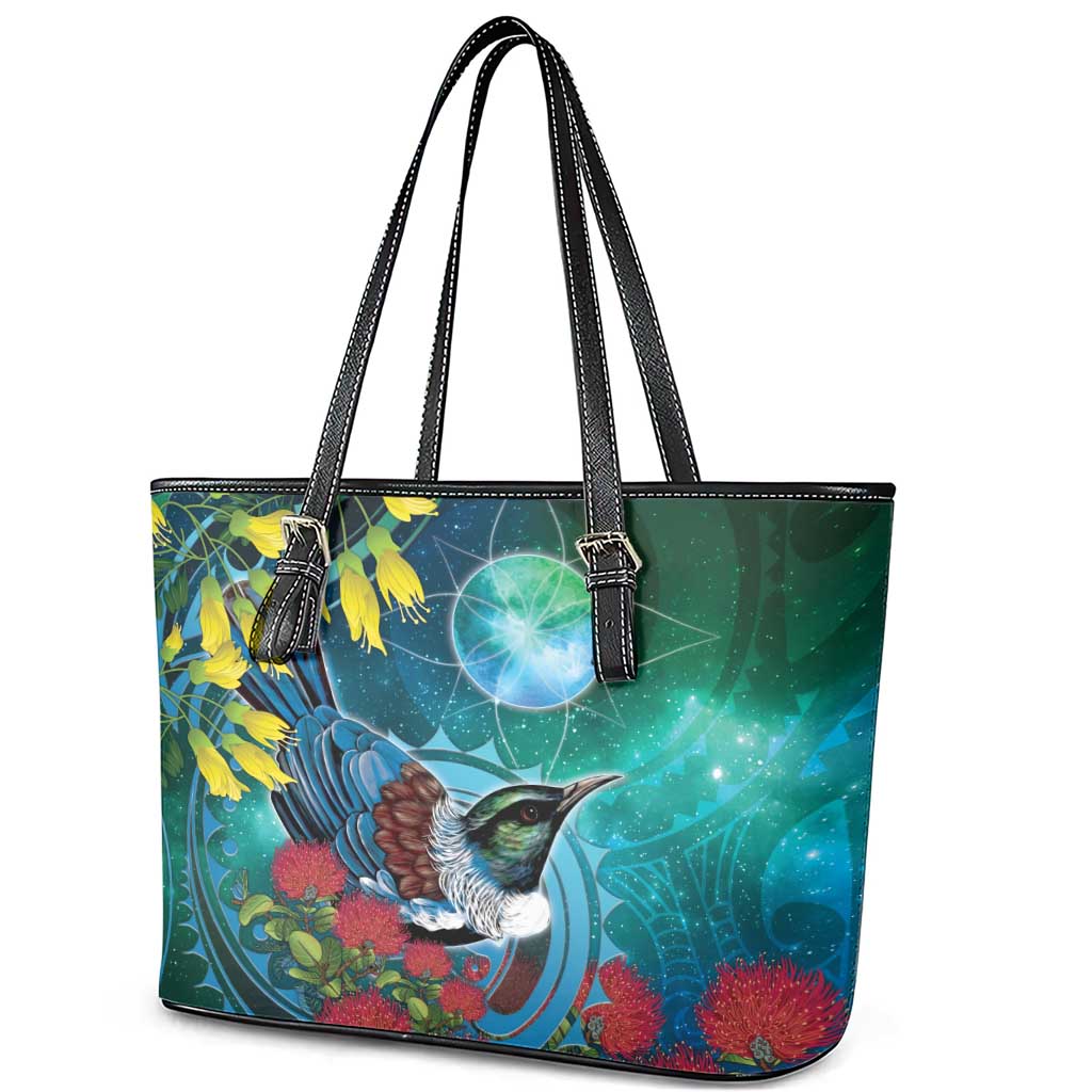 New Zealand Tui Bird Leather Tote Bag Maori Koru With Pohutukawa Galaxy Style - Polynesian Pride