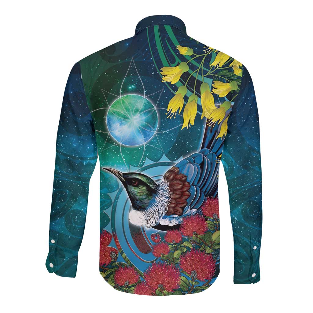 New Zealand Tui Bird Long Sleeve Button Shirt Maori Koru With Pohutukawa Galaxy Style - Polynesian Pride
