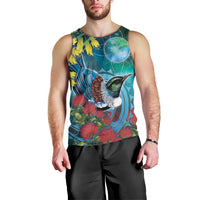 New Zealand Tui Bird Men Tank Top Maori Koru With Pohutukawa Galaxy Style - Polynesian Pride