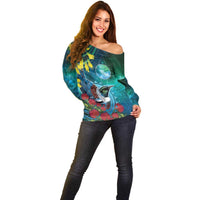New Zealand Tui Bird Off Shoulder Sweater Maori Koru With Pohutukawa Galaxy Style - Polynesian Pride