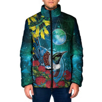 New Zealand Tui Bird Padded Jacket Maori Koru With Pohutukawa Galaxy Style - Polynesian Pride