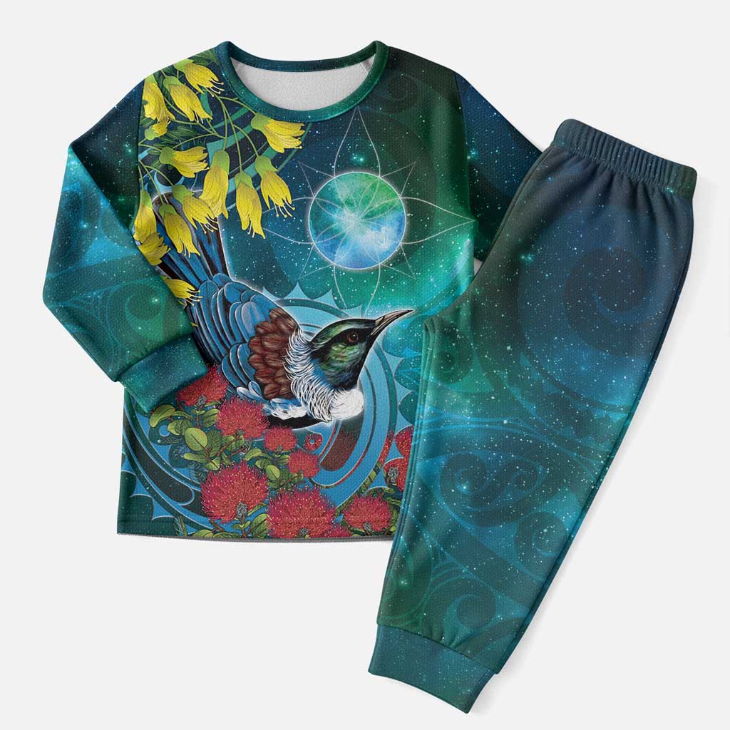 New Zealand Tui Bird Christmas Pajama Set Maori Koru With Pohutukawa Galaxy Style - Polynesian Pride
