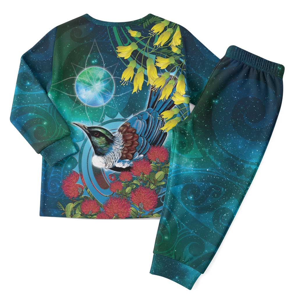 New Zealand Tui Bird Christmas Pajama Set Maori Koru With Pohutukawa Galaxy Style - Polynesian Pride