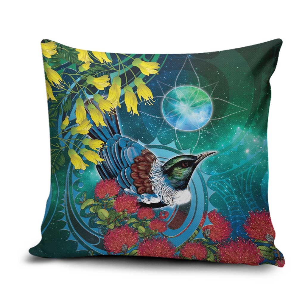 New Zealand Tui Bird Pillow Cover Maori Koru With Pohutukawa Galaxy Style - Polynesian Pride