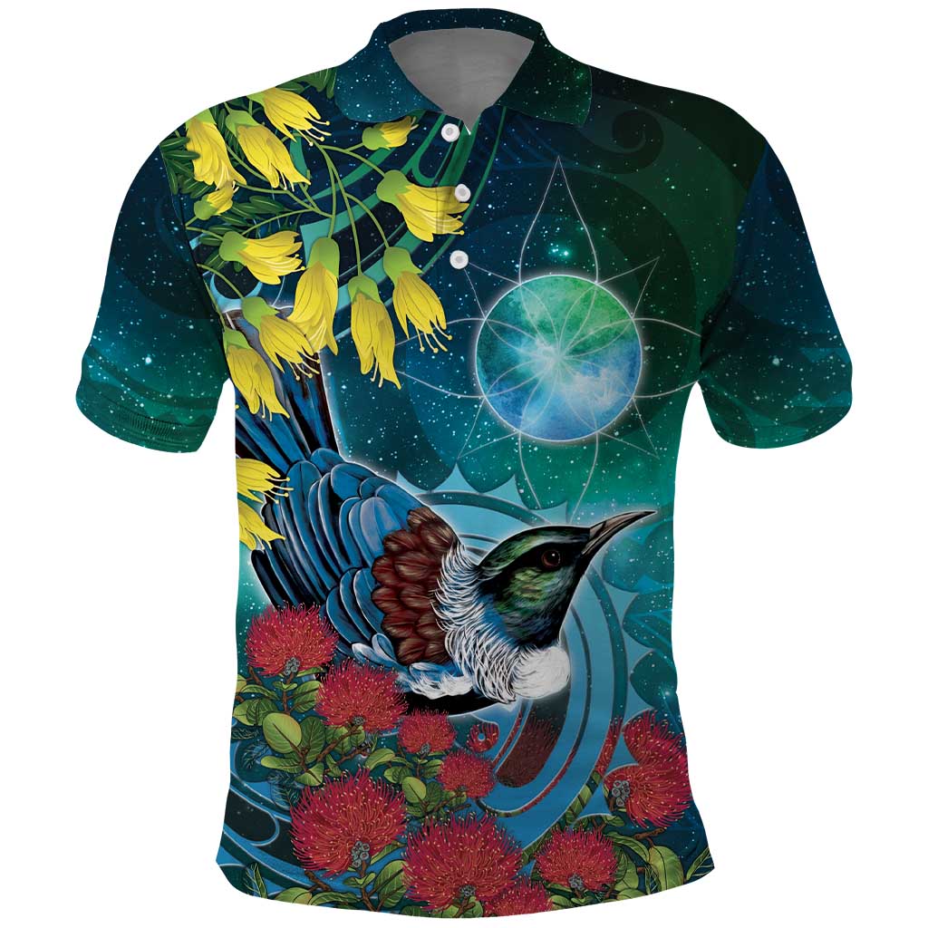 New Zealand Tui Bird Polo Shirt Maori Koru With Pohutukawa Galaxy Style - Polynesian Pride