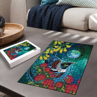 New Zealand Tui Bird Puzzle Maori Koru With Pohutukawa Galaxy Style - Polynesian Pride