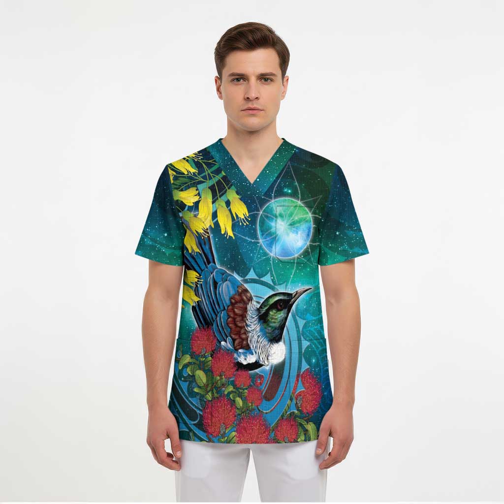 New Zealand Tui Bird Scrub Top Maori Koru With Pohutukawa Galaxy Style - Polynesian Pride