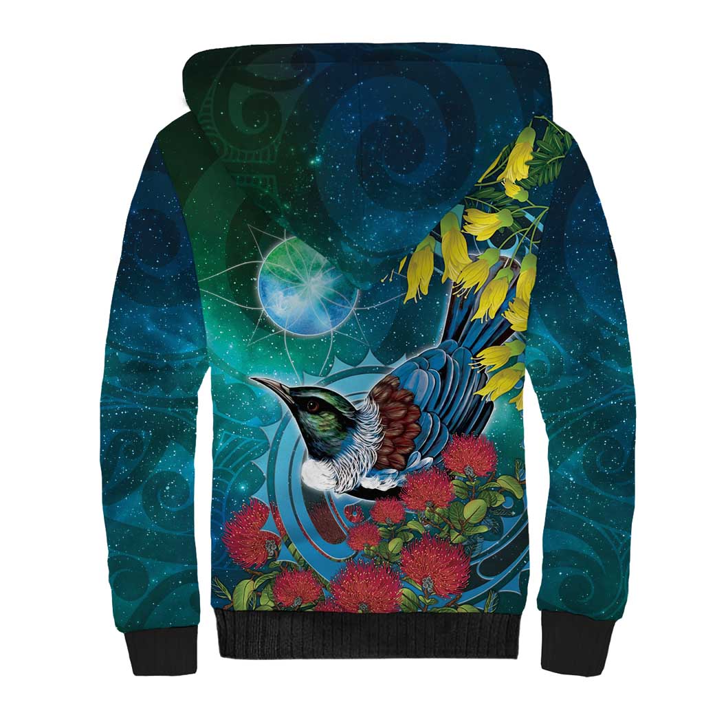 New Zealand Tui Bird Sherpa Hoodie Maori Koru With Pohutukawa Galaxy Style - Polynesian Pride