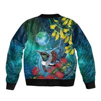 New Zealand Tui Bird Sleeve Zip Bomber Jacket Maori Koru With Pohutukawa Galaxy Style - Polynesian Pride