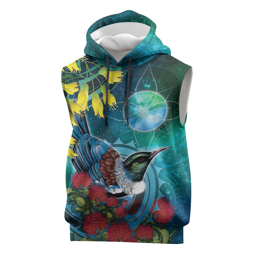 New Zealand Tui Bird Sleeveless Hoodie Maori Koru With Pohutukawa Galaxy Style - Polynesian Pride