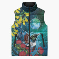 New Zealand Tui Bird Sleeveless Puffer Jacket Maori Koru With Pohutukawa Galaxy Style - Polynesian Pride
