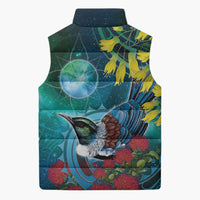 New Zealand Tui Bird Sleeveless Puffer Jacket Maori Koru With Pohutukawa Galaxy Style - Polynesian Pride