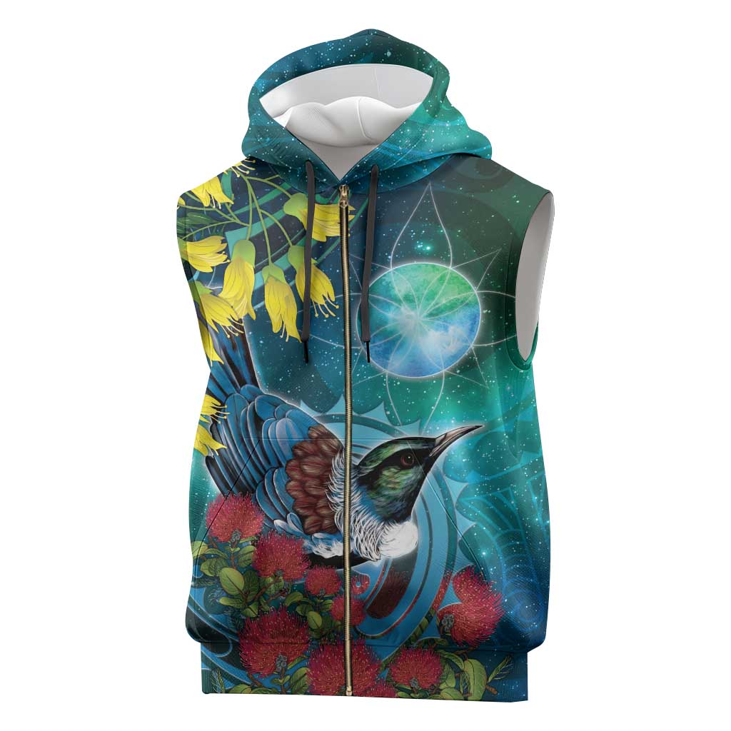 New Zealand Tui Bird Sleeveless Zip Hoodie Maori Koru With Pohutukawa Galaxy Style - Polynesian Pride