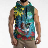 New Zealand Tui Bird Sleeveless Zip Hoodie Maori Koru With Pohutukawa Galaxy Style - Polynesian Pride