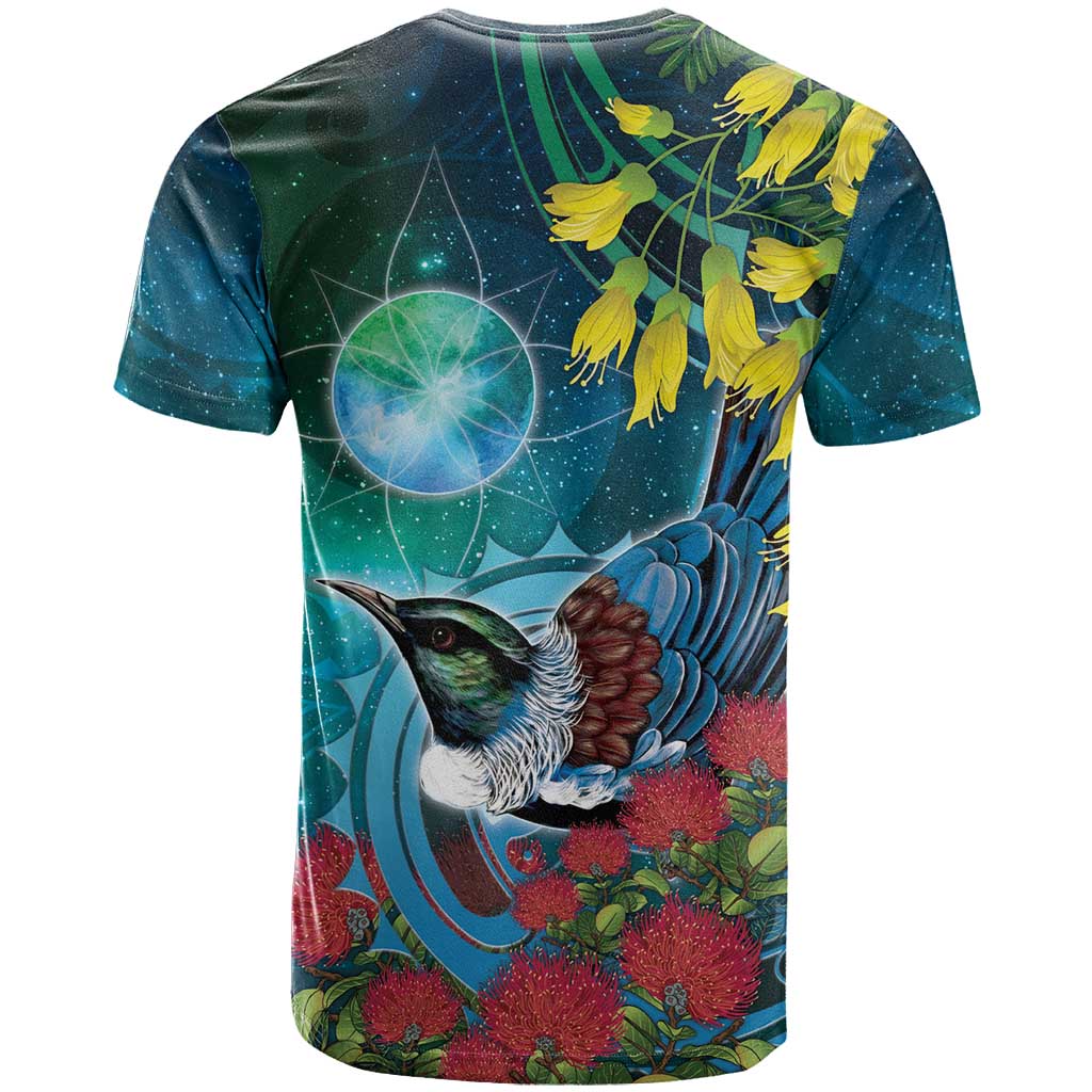 New Zealand Tui Bird T Shirt Maori Koru With Pohutukawa Galaxy Style - Polynesian Pride