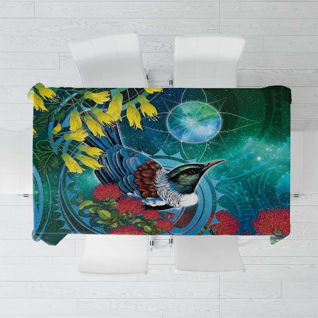 New Zealand Tui Bird Tablecloth Maori Koru With Pohutukawa Galaxy Style - Polynesian Pride