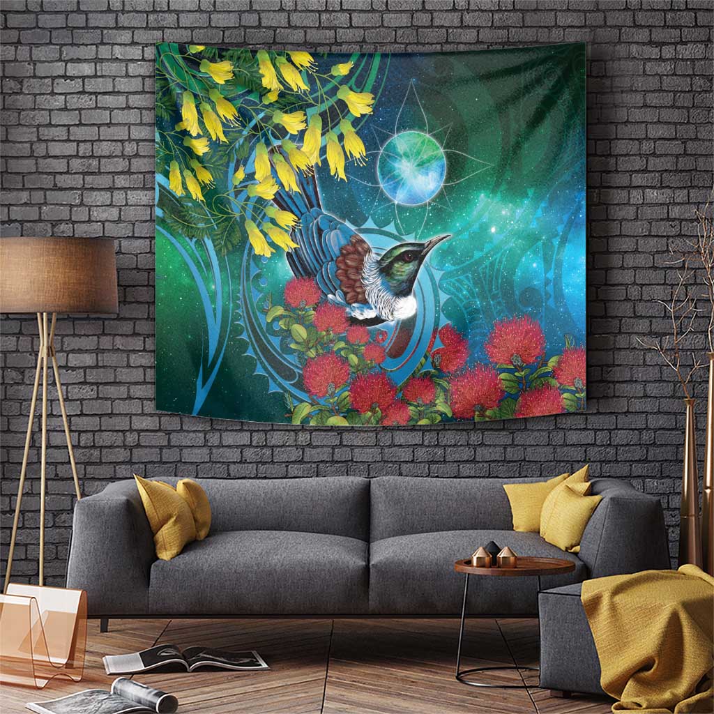 New Zealand Tui Bird Tapestry Maori Koru With Pohutukawa Galaxy Style - Polynesian Pride