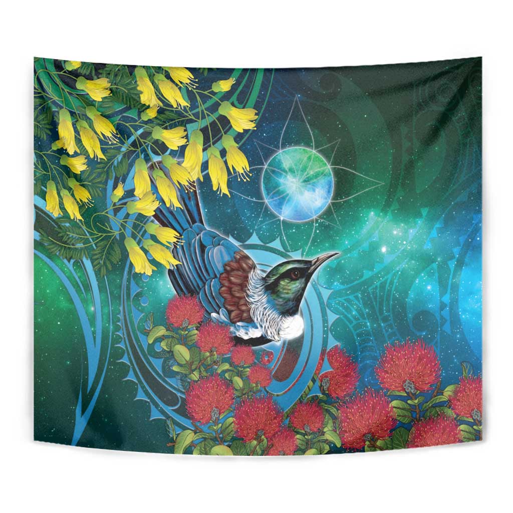 New Zealand Tui Bird Tapestry Maori Koru With Pohutukawa Galaxy Style - Polynesian Pride